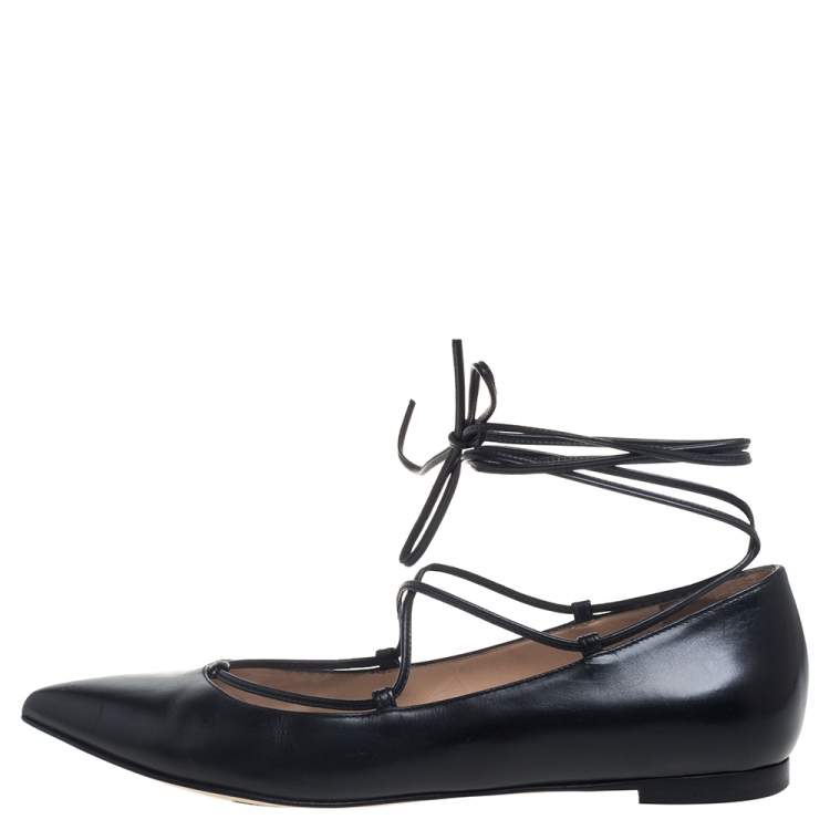 Pre Owned Gianvito Rossi Black Leather Femi Ankle Wrap Pointed Toe Flats Size 35