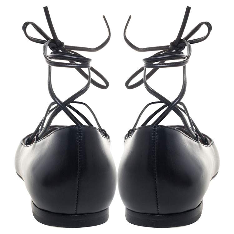 Pre Owned Gianvito Rossi Black Leather Femi Ankle Wrap Pointed Toe Flats Size 35