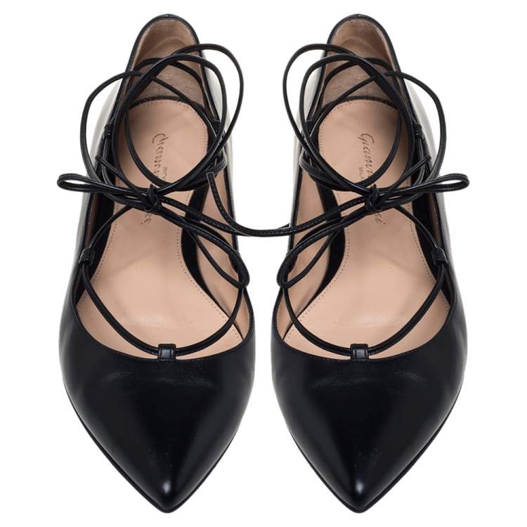 Pre Owned Gianvito Rossi Black Leather Femi Ankle Wrap Pointed Toe Flats Size 35