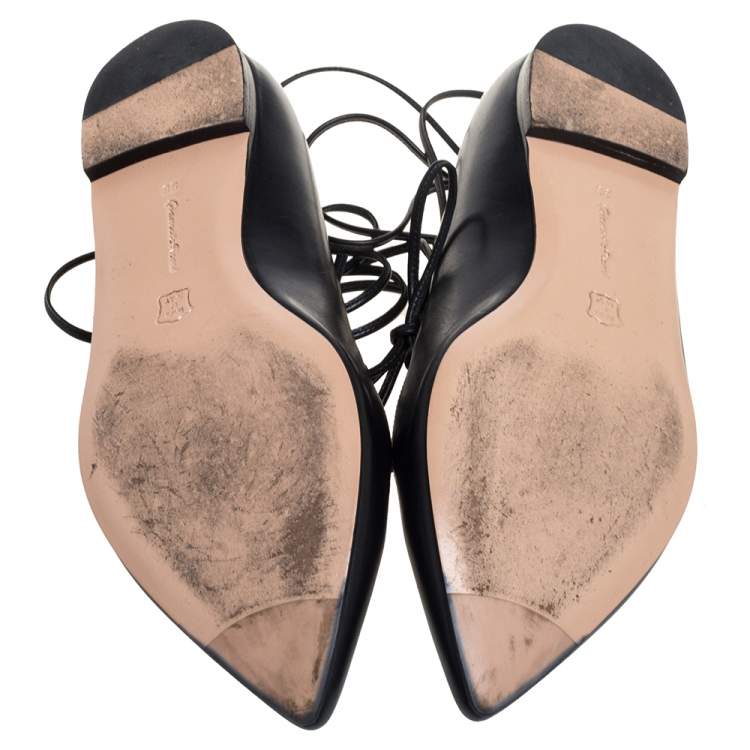 Pre Owned Gianvito Rossi Black Leather Femi Ankle Wrap Pointed Toe Flats Size 35