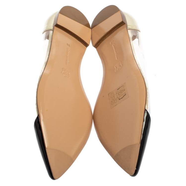 Pre Owned Gianvito Rossi Black/Off White Leather And PVC Plexi Pointed Toe Flats Size 35