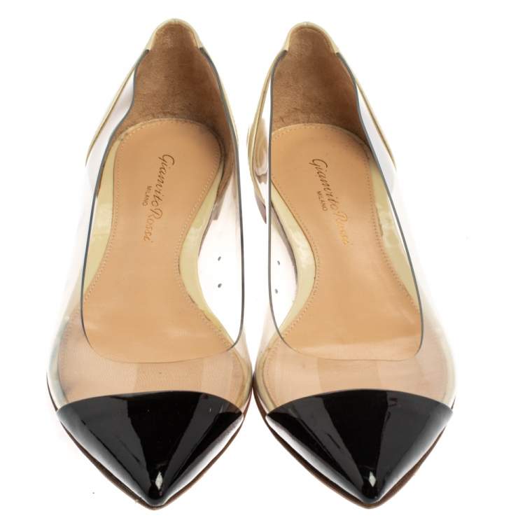 Pre Owned Gianvito Rossi Black/Off White Leather And PVC Plexi Pointed Toe Flats Size 35