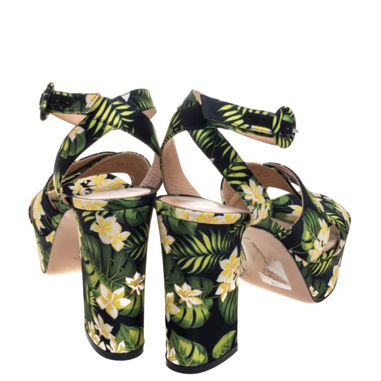 Pre Owned Gianvito Rossi Multicolor Printed Floral Satin Cross Strap Platform Sandals Size 39