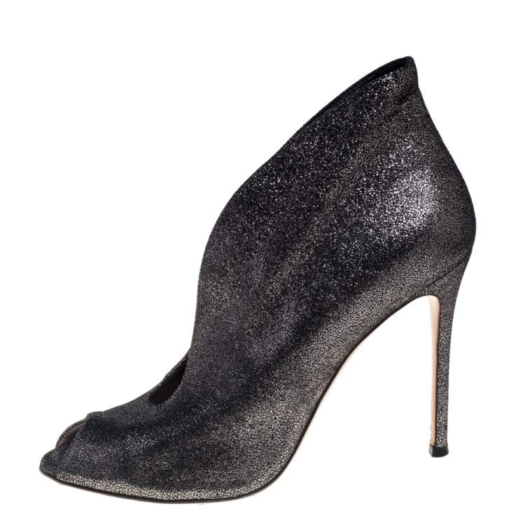 Pre Owned Gianvito Rossi Metallic Silver Foil Suede Vamp Peep Toe Booties Size 39.5