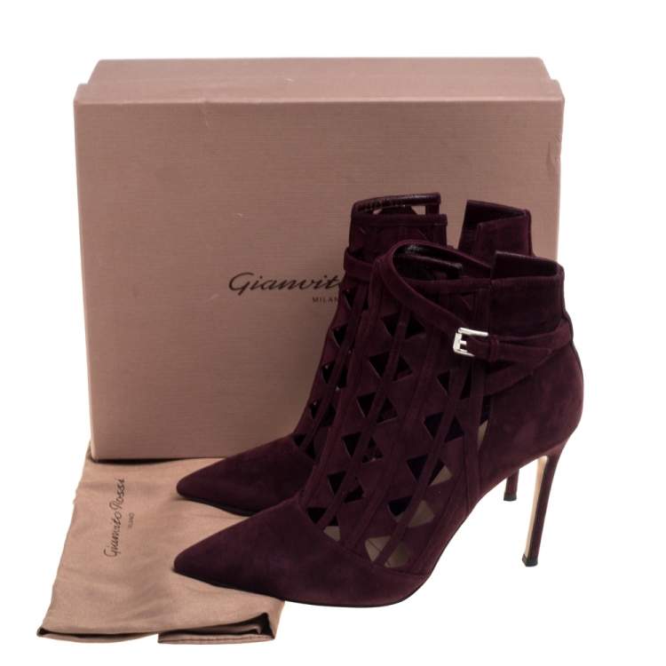 Pre Owned Gianvito Rossi Burgundy Suede Diamond Cut Out Ankle Boots Size 39.5