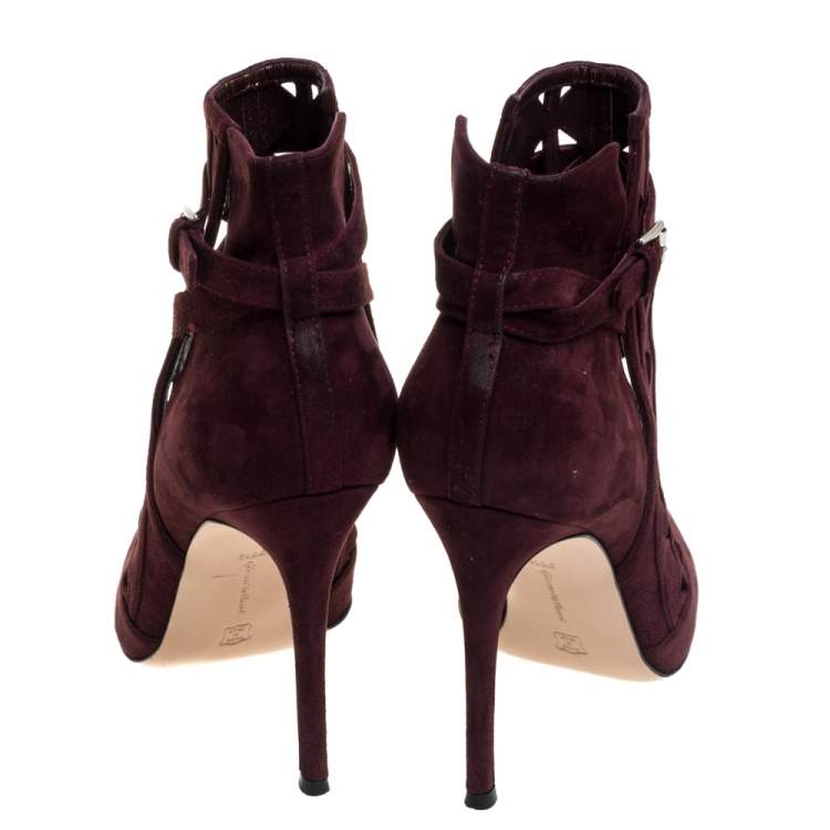 Pre Owned Gianvito Rossi Burgundy Suede Diamond Cut Out Ankle Boots Size 39.5