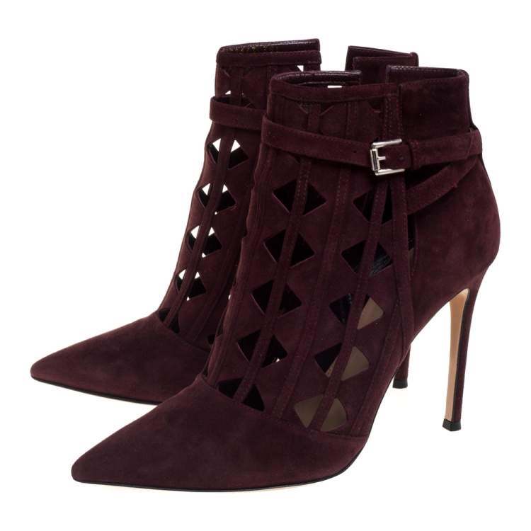 Pre Owned Gianvito Rossi Burgundy Suede Diamond Cut Out Ankle Boots Size 39.5