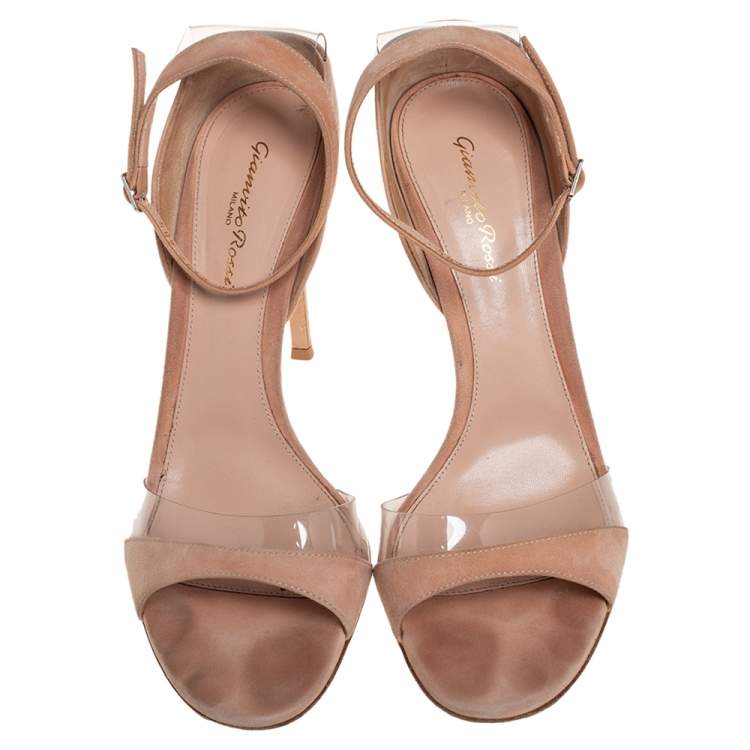 Pre Owned Gianvito Rossi Beige Suede And PVC Ankle Strap Sandals Size 40.5
