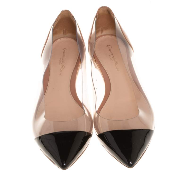 Pre Owned Gianvito Rossi Black PVC and Patent Leather Plexi Pointed Toe Ballet Flats Size 37.5