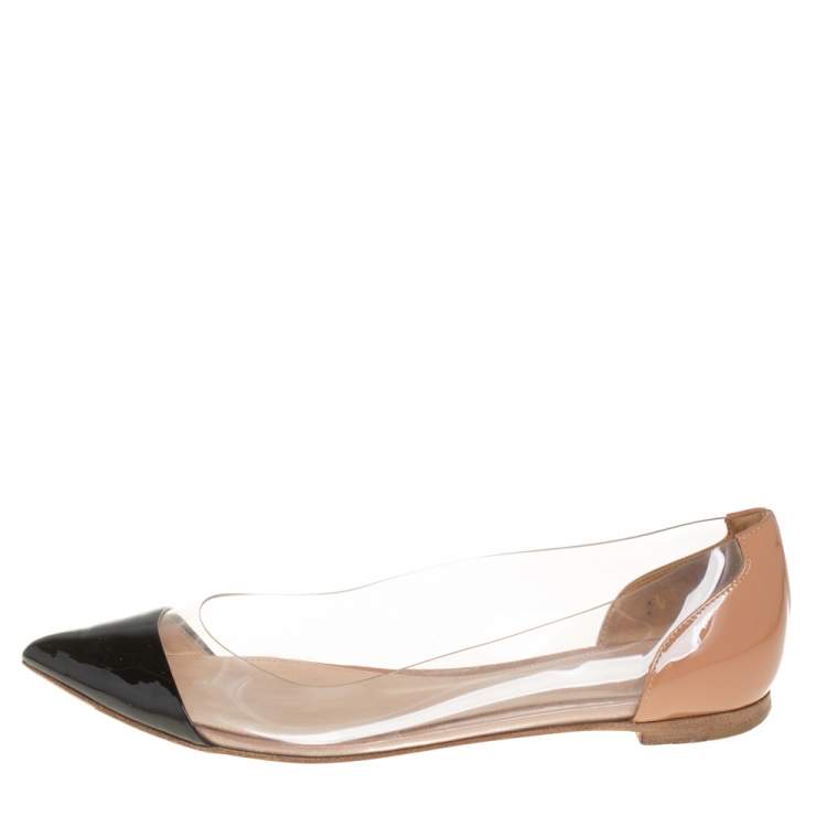Pre Owned Gianvito Rossi Black PVC and Patent Leather Plexi Pointed Toe Ballet Flats Size 37.5