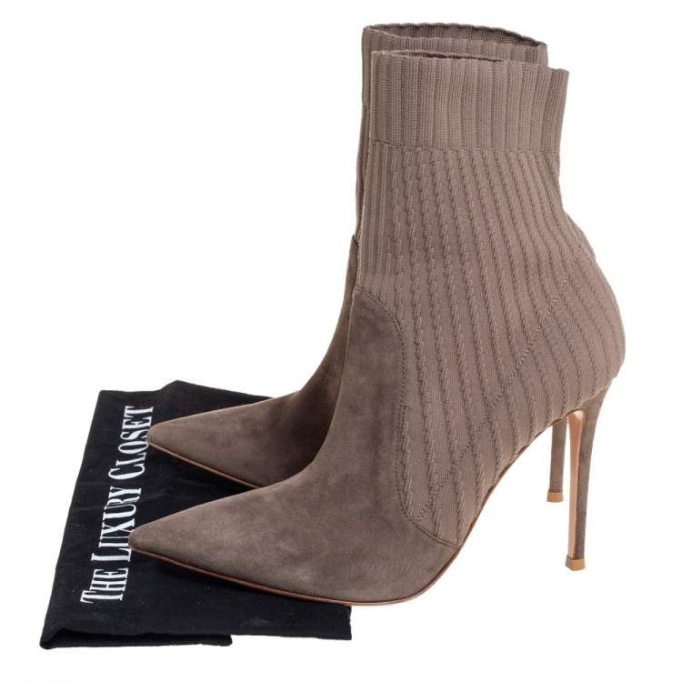 Pre Owned Gianvito Rossi Grey Knit Fabric And Suede Katie Ankle Boots Size 39