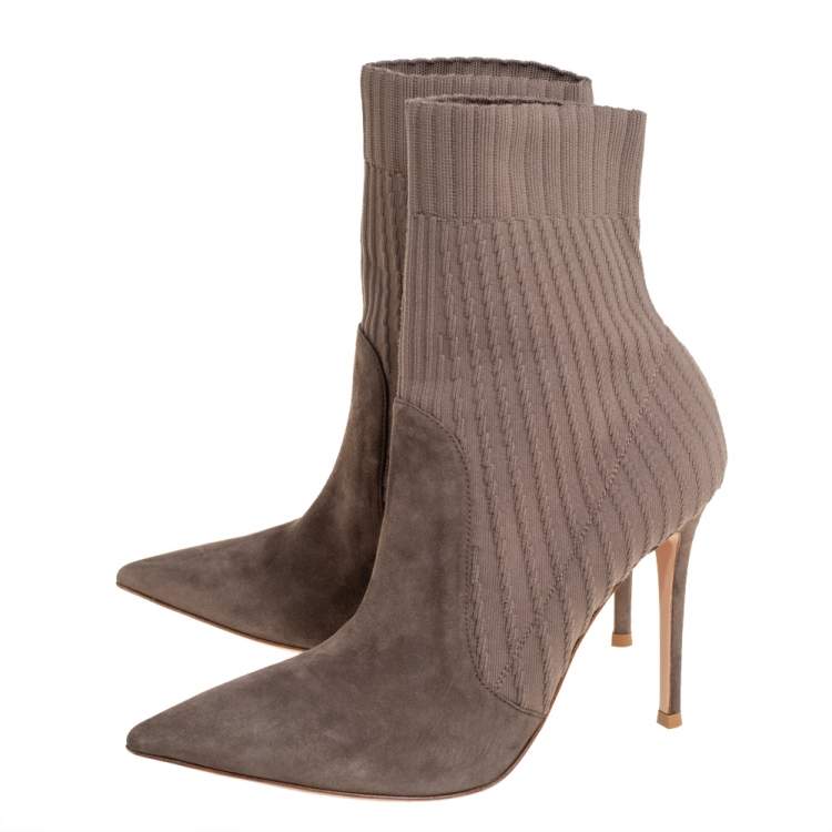 Pre Owned Gianvito Rossi Grey Knit Fabric And Suede Katie Ankle Boots Size 39