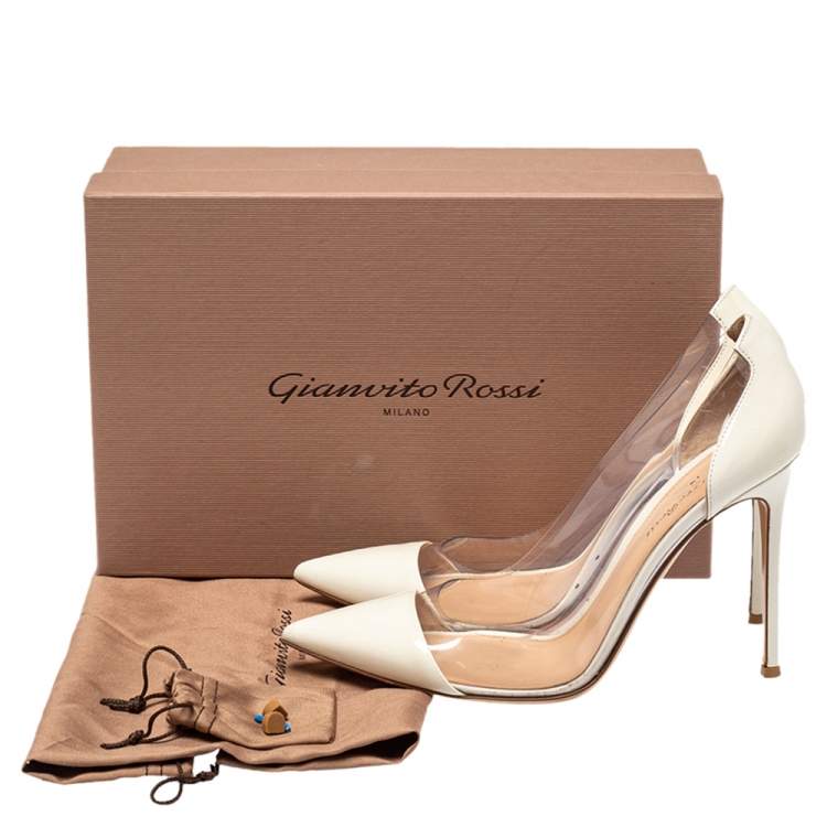 Pre Owned Gianvito Rossi White Patent Leather And PVC Plexi Pointed Toe Pumps Size 40