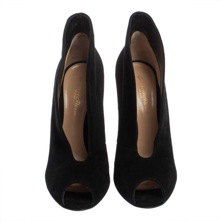 Pre Owned Gianvito Rossi Black Suede Vamp Peep Toe Booties Size 38