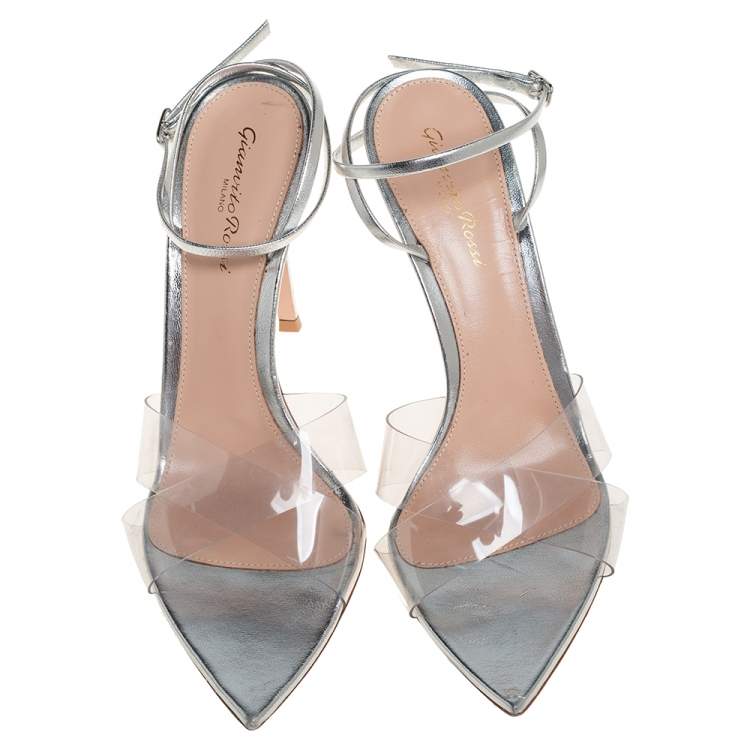 Pre Owned Gianvito Rossi Metallic Silver Leather And PVC Natalie Ankle Strap Sandals Size 39
