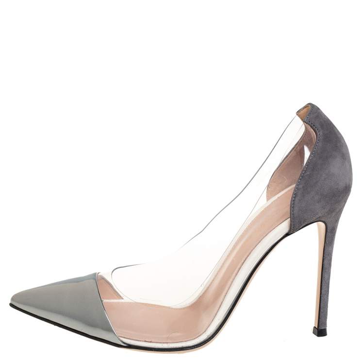 Pre Owned Gianvito Rossi Silver/Grey PVC And Leather Pointed Toe Pumps Size 39