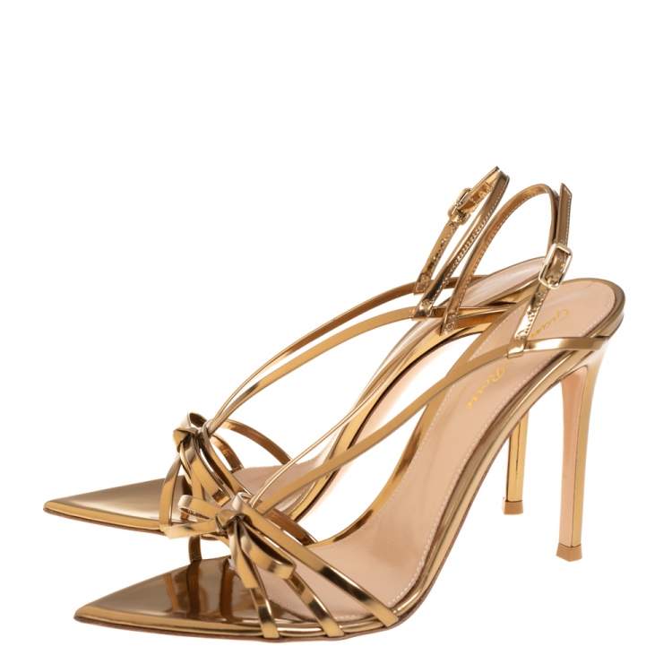 Pre Owned Gianvito Rossi Gold Patent Leather Bow Slingback Sandals Size 38.5