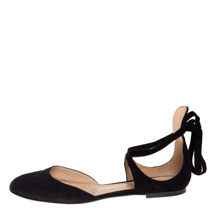 Pre Owned Gianvito Rossi Black Suede Pina Ankle Wrap  D'orsay Flats Size 39.5