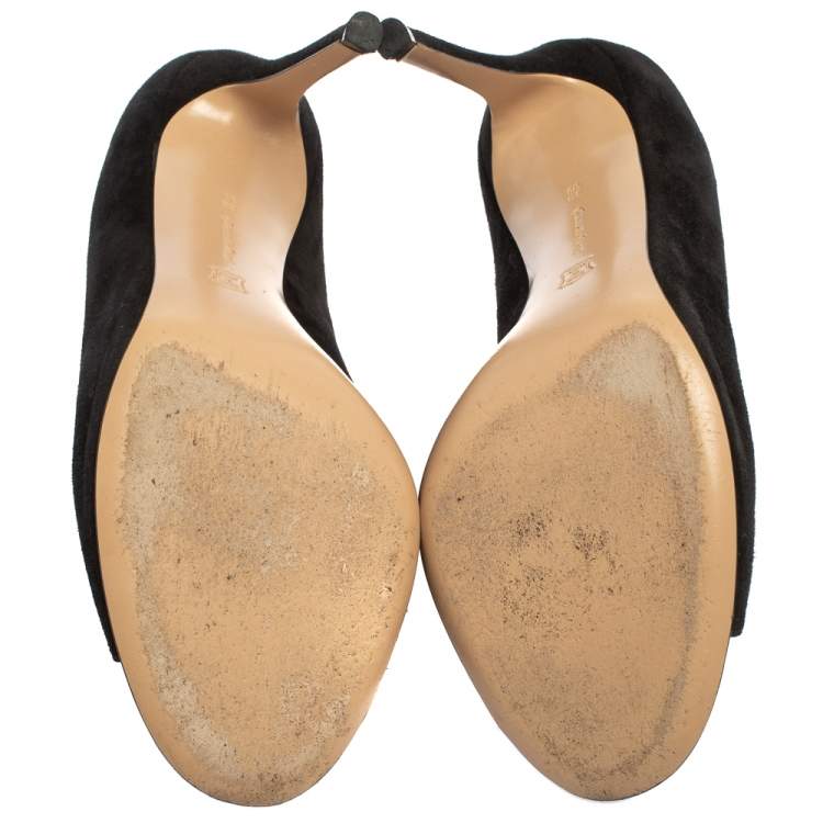 Pre Owned Gianvito Rossi Black Suede Cobalt Peep-Toe Mules Size 39.5