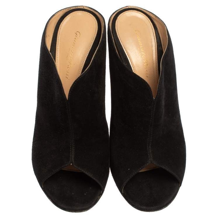 Pre Owned Gianvito Rossi Black Suede Cobalt Peep-Toe Mules Size 39.5