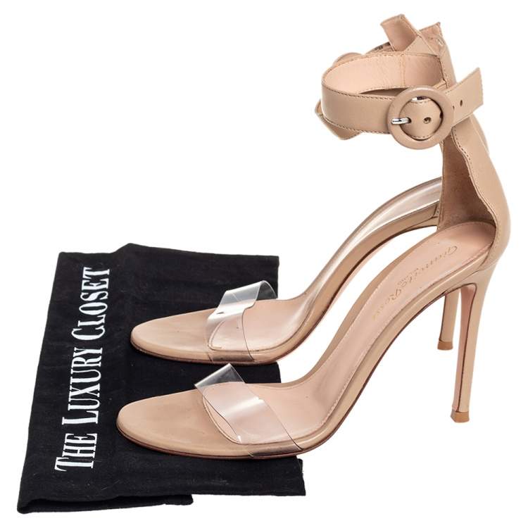 Pre Owned Gianvito Rossi Beige PVC And Leather Ankle Strap Sandals Size 36.5