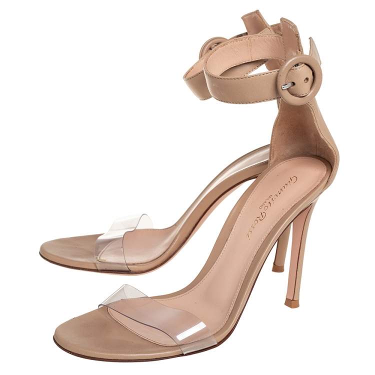 Pre Owned Gianvito Rossi Beige PVC And Leather Ankle Strap Sandals Size 36.5
