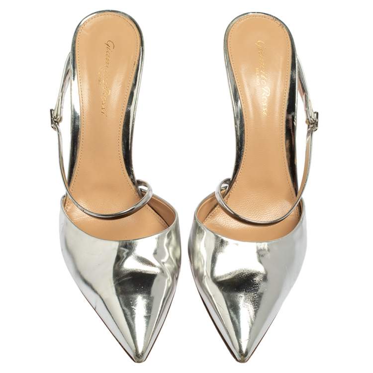 Pre Owned Gianvito Rossi Silver Leather Pointed Toe Mule Sandals Size 39