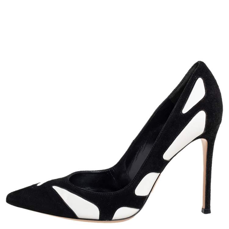 Pre Owned Gianvito Rossi Monochrome Suede And Leather Cutout Pointed Toe Pumps Size 37.5