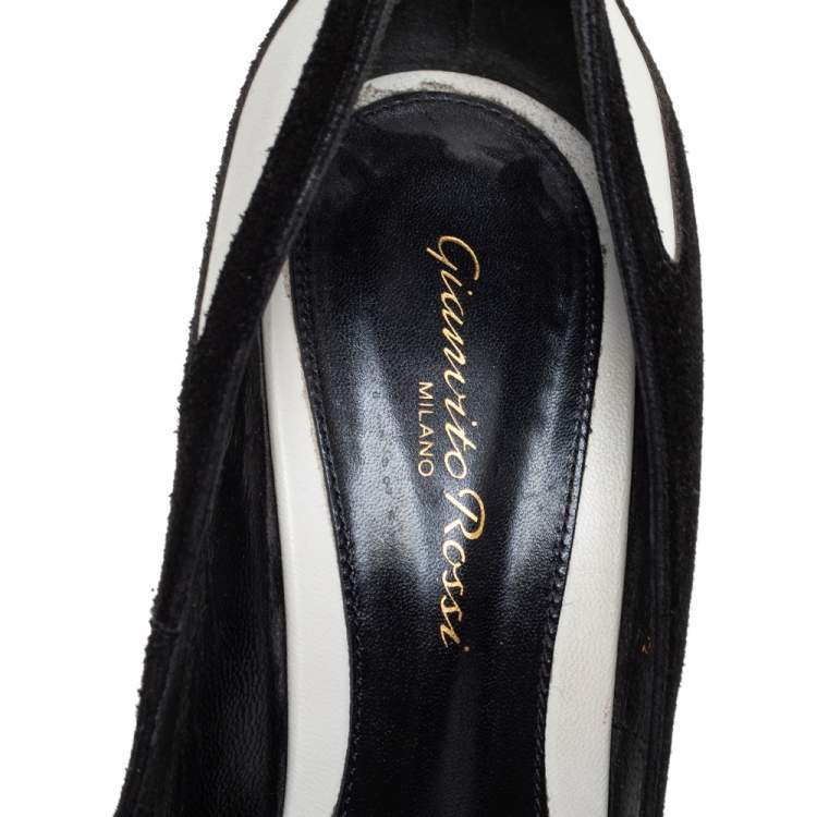 Pre Owned Gianvito Rossi Monochrome Suede And Leather Cutout Pointed Toe Pumps Size 37.5