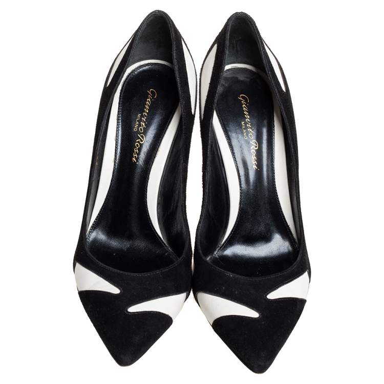 Pre Owned Gianvito Rossi Monochrome Suede And Leather Cutout Pointed Toe Pumps Size 37.5
