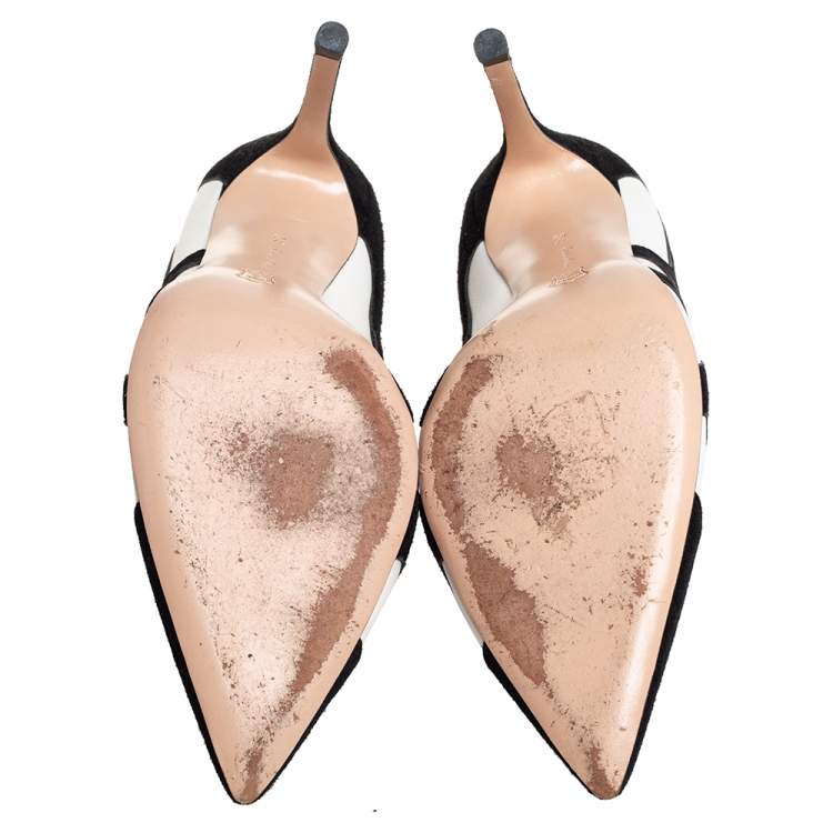 Pre Owned Gianvito Rossi Monochrome Suede And Leather Cutout Pointed Toe Pumps Size 37.5