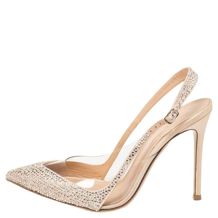 Pre Owned Gianvito Rossi Beige PVC And Leather Embellished Slingback Sandals Size 39