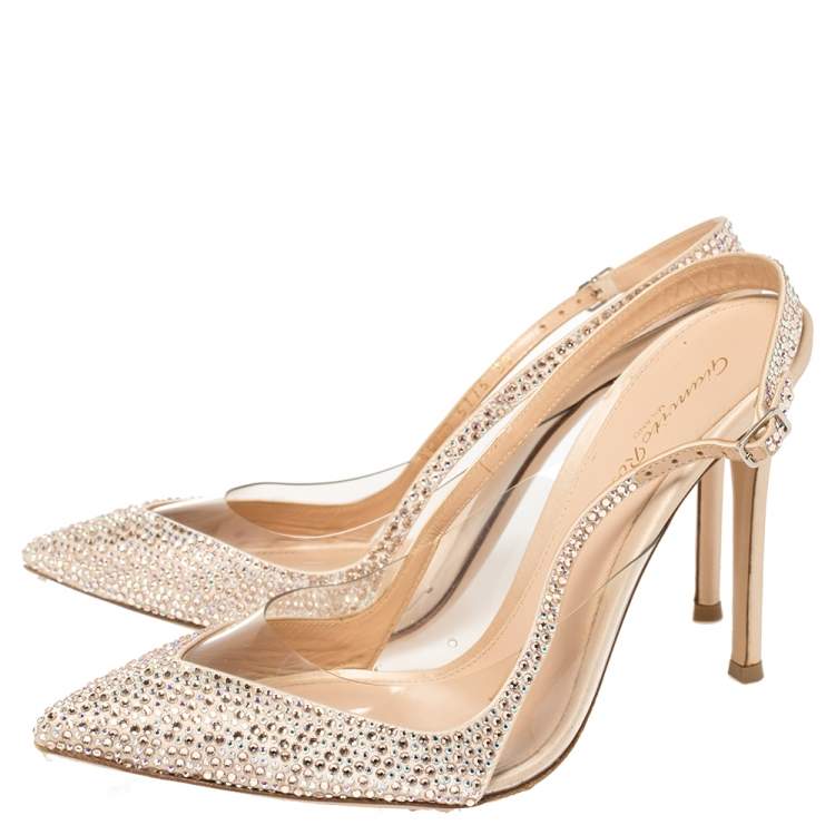 Pre Owned Gianvito Rossi Beige PVC And Leather Embellished Slingback Sandals Size 39