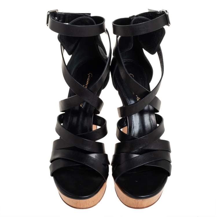 Pre Owned Gianvito Rossi Black Leather Strappy Platform Ankle Strap Sandals Size 37