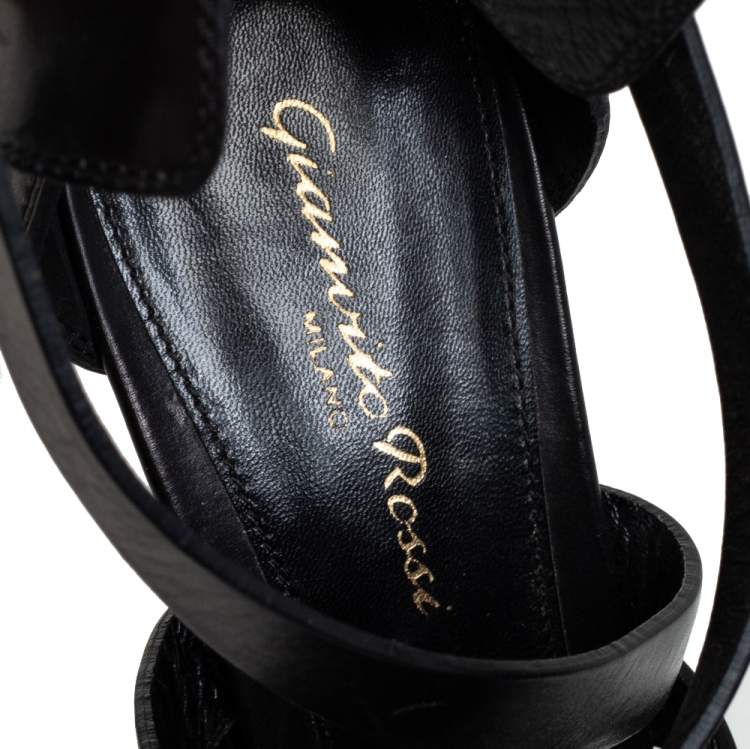 Pre Owned Gianvito Rossi Black Leather Strappy Platform Ankle Strap Sandals Size 37