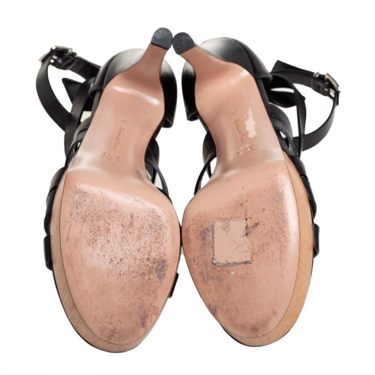Pre Owned Gianvito Rossi Black Leather Strappy Platform Ankle Strap Sandals Size 37