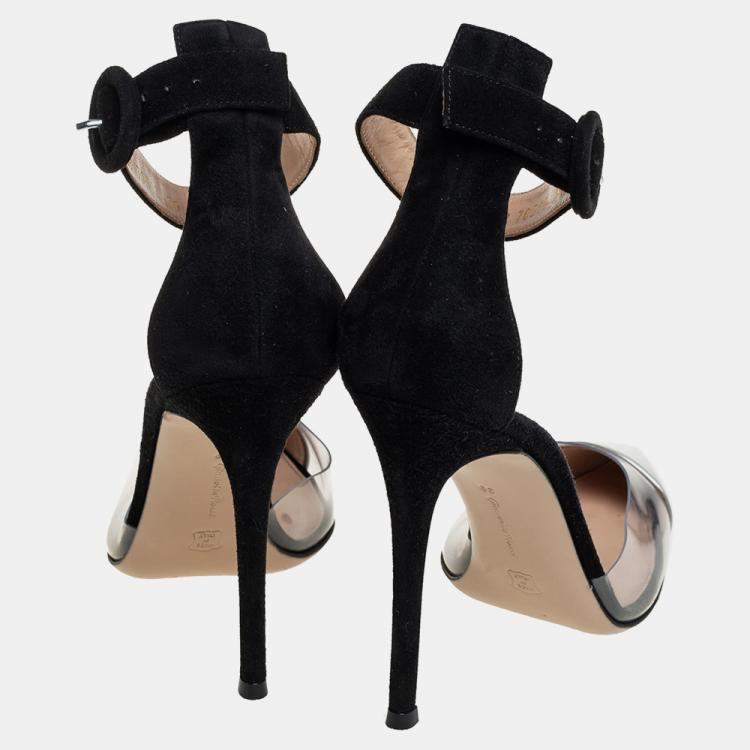 Pre Owned Gianvito Rossi Black/Silver Suede And PVC Ankle Strap Sandals Size 39