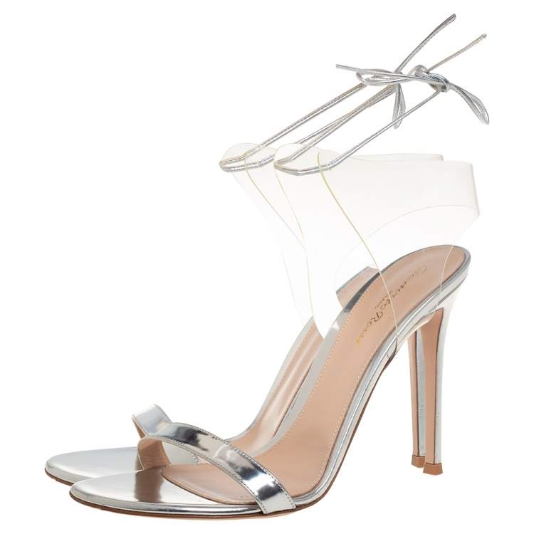 Pre Owned Gianvito Rossi Silver Leather And PVC Ankle Wrap Sandals Size 40