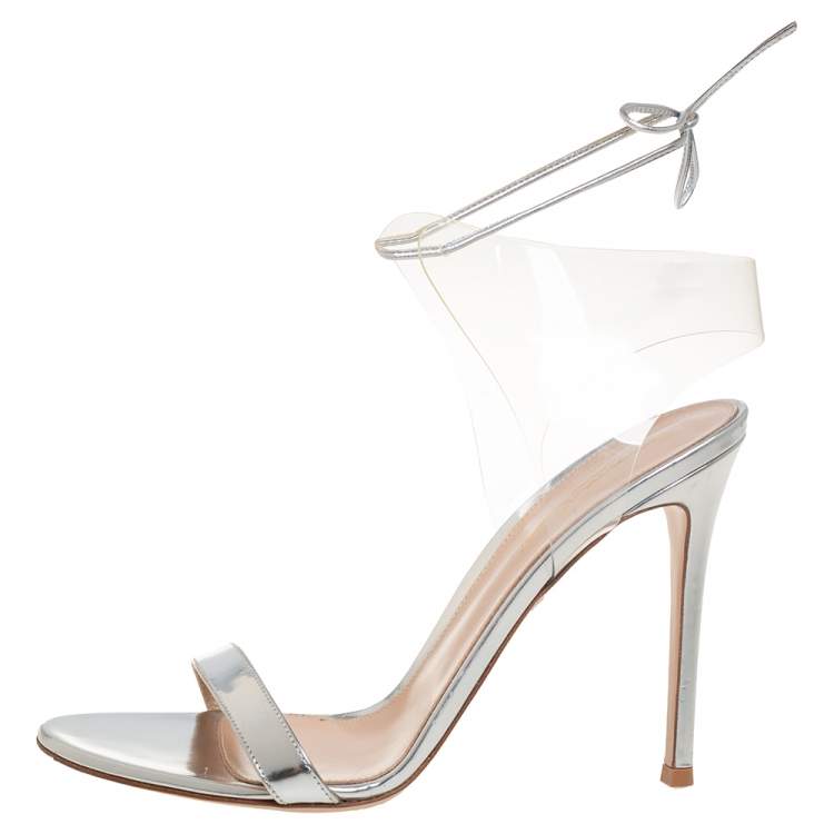 Pre Owned Gianvito Rossi Silver Leather And PVC Ankle Wrap Sandals Size 40