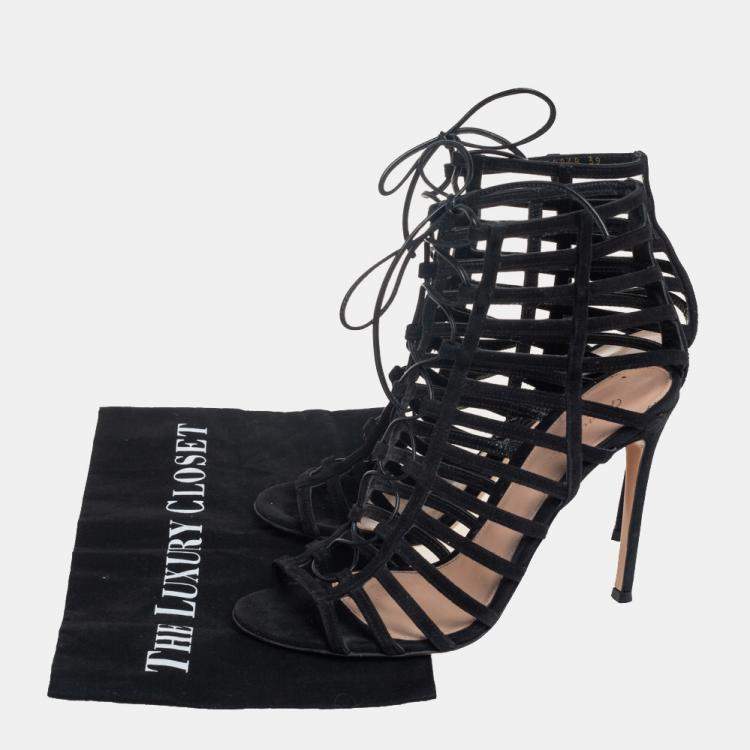 Pre Owned Gianvito Rossi Black Suede Caged Lace Up Sandals Size 39