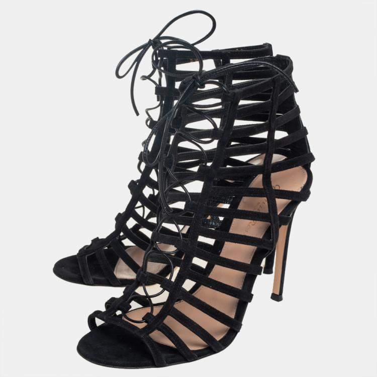Pre Owned Gianvito Rossi Black Suede Caged Lace Up Sandals Size 39