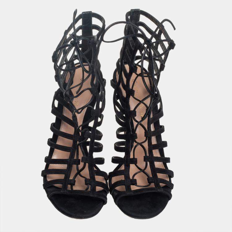 Pre Owned Gianvito Rossi Black Suede Caged Lace Up Sandals Size 39