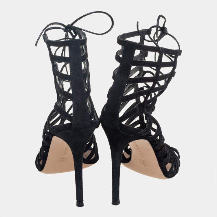 Pre Owned Gianvito Rossi Black Suede Caged Lace Up Sandals Size 39