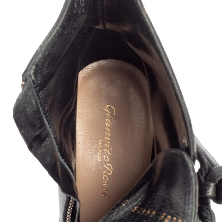 Pre Owned Gianvito Rossi Black Leather Zip Combat Boots Size 37.5