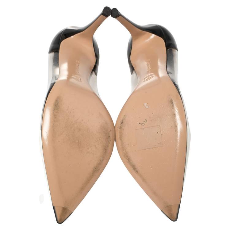 Pre Owned Gianvito Rossi White/Black Patent Leather And PVC Plexi Pointed Toe Pumps Size 38