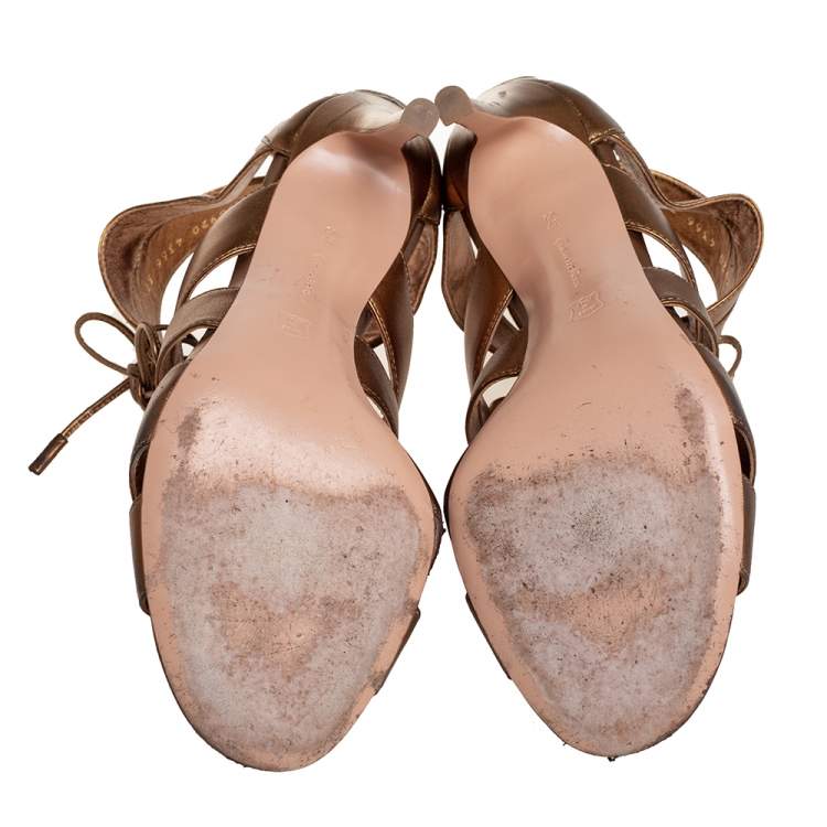 Pre Owned Gianvito Rossi Metallic Gold Leather Roxy Lace Up Caged Sandals Size 37.5