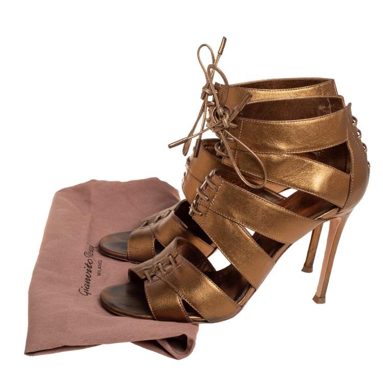 Pre Owned Gianvito Rossi Metallic Gold Leather Roxy Lace Up Caged Sandals Size 37.5