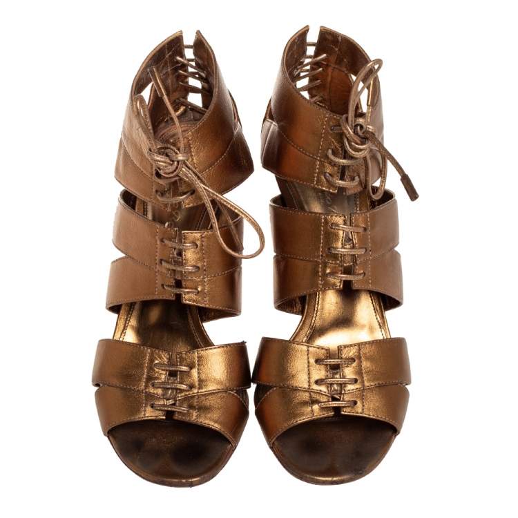 Pre Owned Gianvito Rossi Metallic Gold Leather Roxy Lace Up Caged Sandals Size 37.5