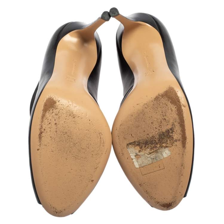 Pre Owned Gianvito Rossi Black Leather Vamp Peep Toe Slip On Booties Size 41