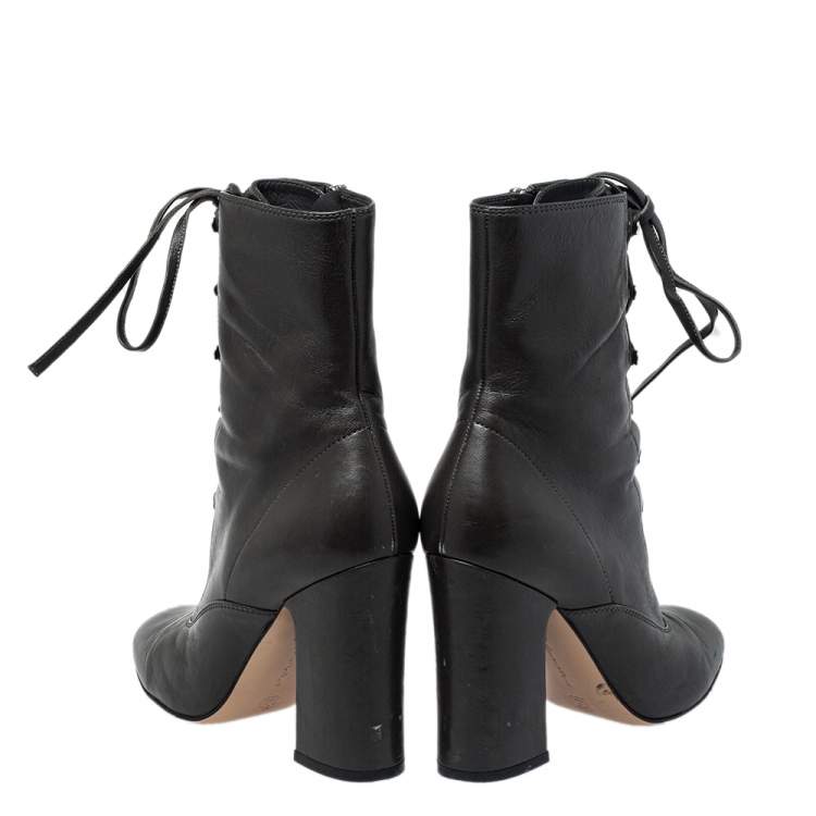 Pre Owned Gianvito Rossi Grey Leather Block Heel Ankle Boots Size 37.5